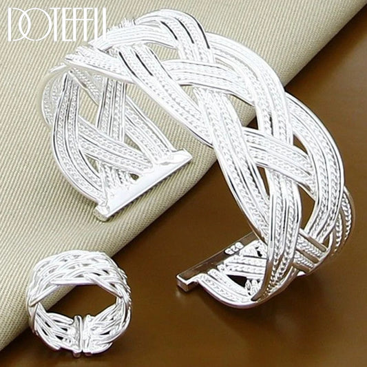 Silver Interwoven Web Bangle Ring Set  Party Fashion Charm Jewelry