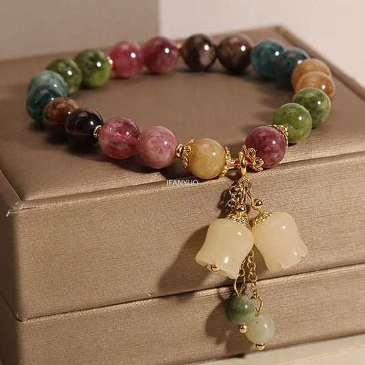 Natural Color Tourmaline Orchid Pendant Beaded Bracelet