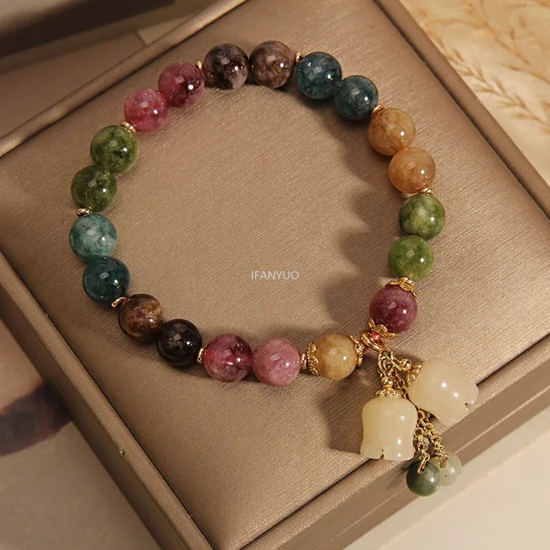 Natural Color Tourmaline Orchid Pendant Beaded Bracelet