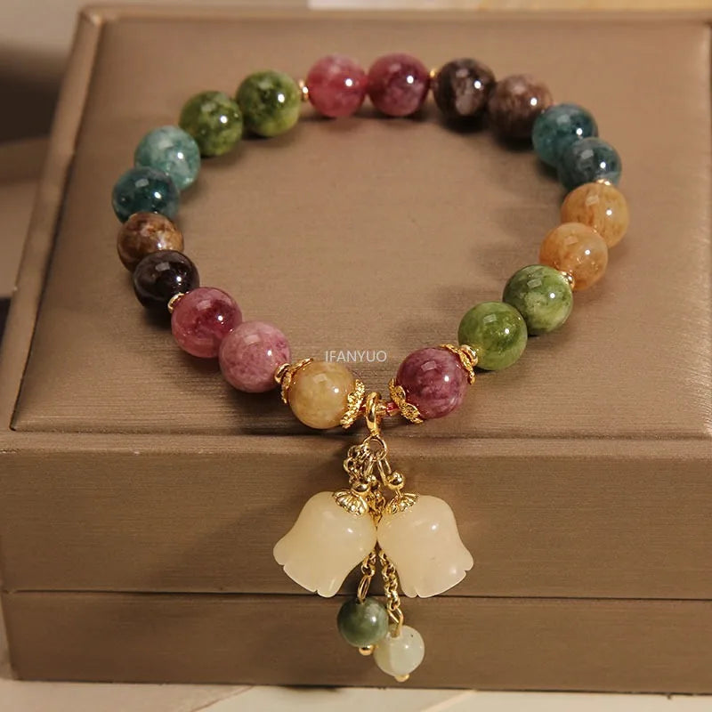 Natural Color Tourmaline Orchid Pendant Beaded Bracelet