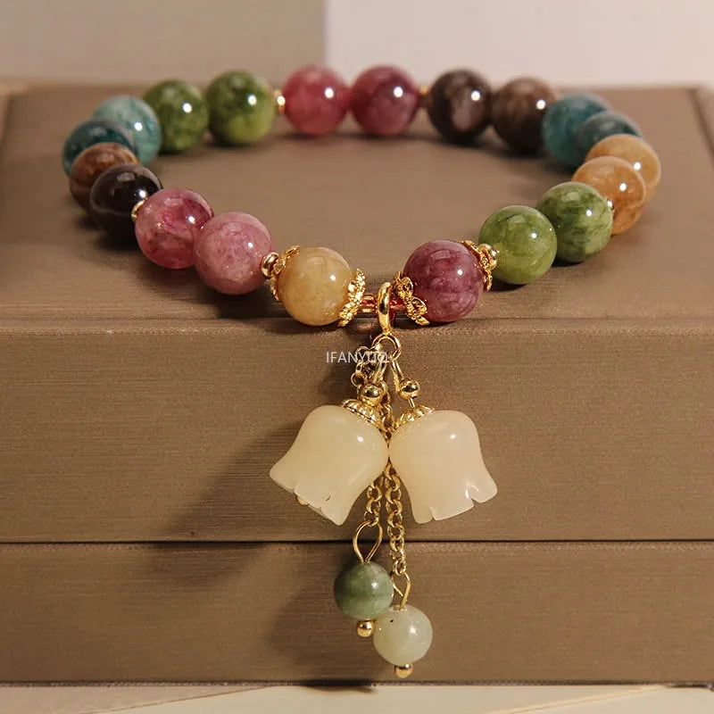 Natural Color Tourmaline Orchid Pendant Beaded Bracelet