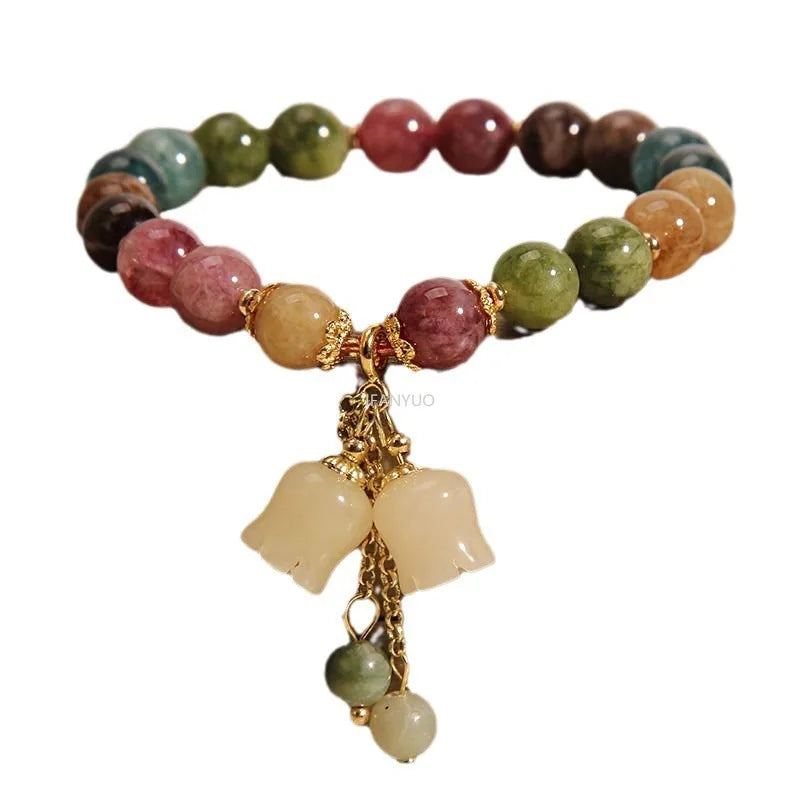 Natural Color Tourmaline Orchid Pendant Beaded Bracelet