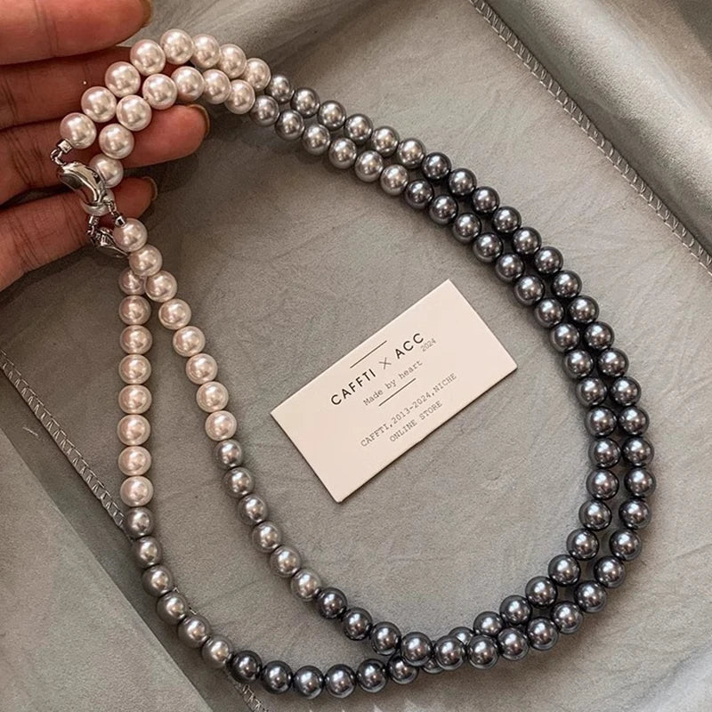 French Socialite White Gradient Gray Pearl Bead Necklace 2024