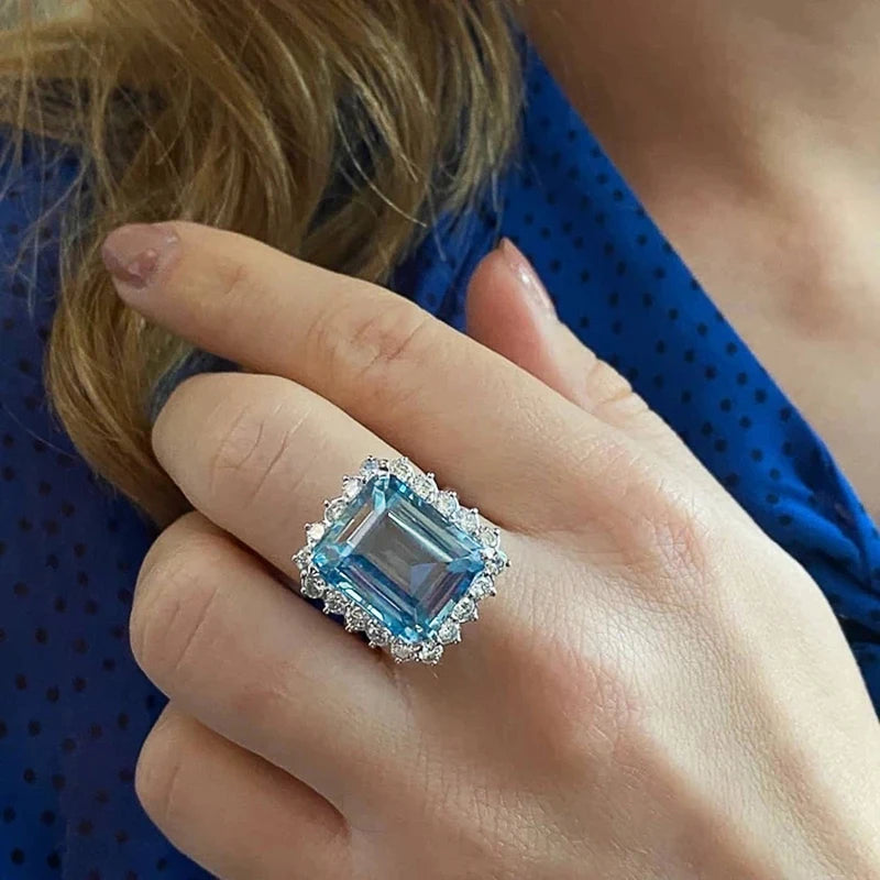 Elegance Emporium Shiny Geometric Square Blue Cubic Zirconia Ring for Women Wedding Ceremony Party Accessories Gifts Statement Jewelry