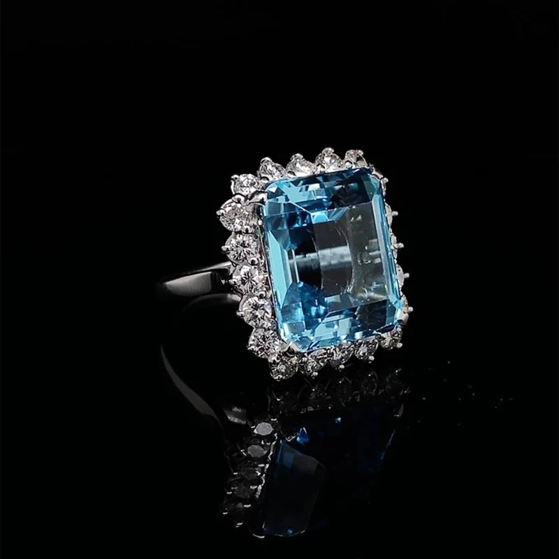 Elegance Emporium Shiny Geometric Square Blue Cubic Zirconia Ring for Women Wedding Ceremony Party Accessories Gifts Statement Jewelry