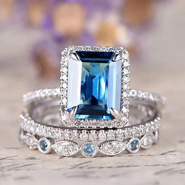 Hand Picked Luxury 3 Piece Set Blue Cubic Zircon Rings New Design Luxury Female Ring Anniversary Party Statement Jewelry