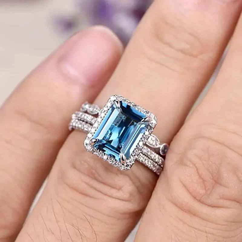 Hand Picked Luxury 3 Piece Set Blue Cubic Zircon Rings New Design Luxury Female Ring Anniversary Party Statement Jewelry