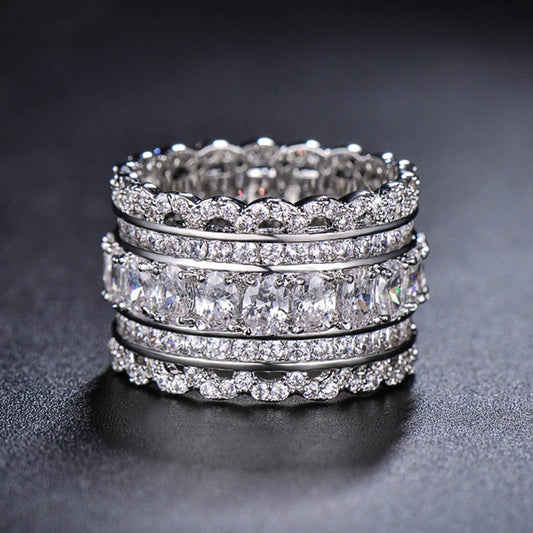 Hand Picked Silver Color Full Paved CZ Crystal Bling Fashion Jewelry Wedding Eternity Rings for Women Party Jewelry