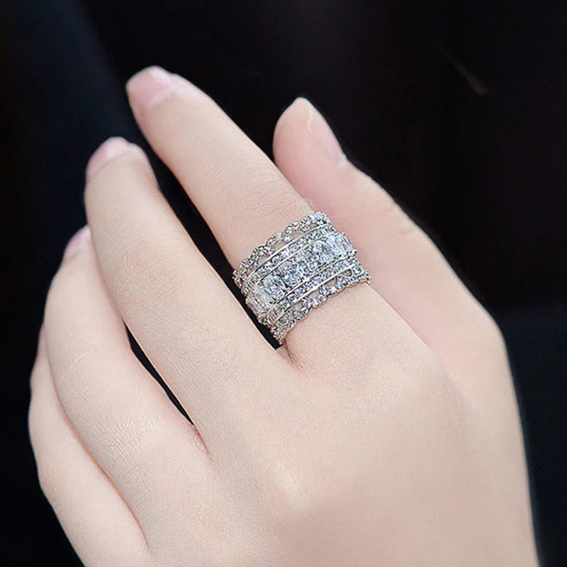 Hand Picked Silver Color Full Paved CZ Crystal Bling Fashion Jewelry Wedding Eternity Rings for Women Party Jewelry