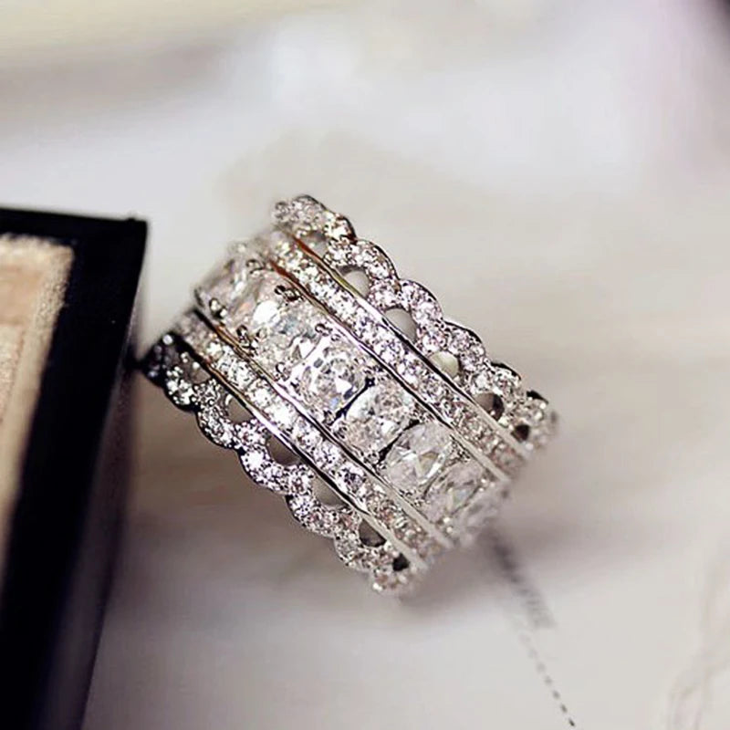 Hand Picked Silver Color Full Paved CZ Crystal Bling Fashion Jewelry Wedding Eternity Rings for Women Party Jewelry