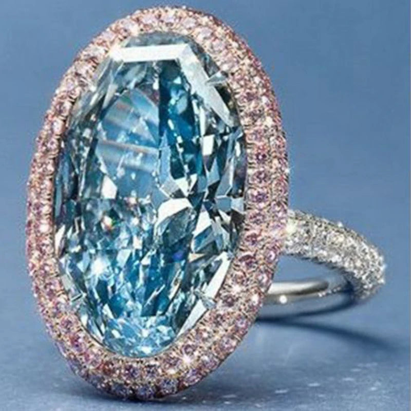 Luxurious Big Oval Blue Cubic Zirconia Rings for Women Wedding Anniversary Party Fashion Jewelry