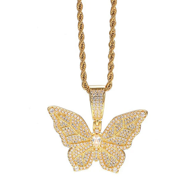 Luxury Bling Butterfly Pendant Necklace Full Paved CZ Shiny Charm Y2K Party Neck Accessories Fashion Jewelry For Girls