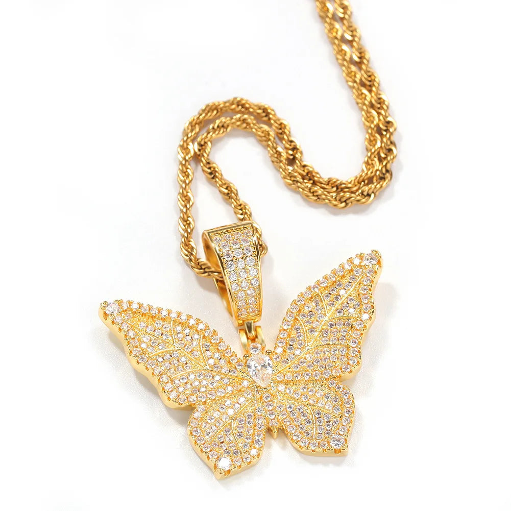 Luxury Bling Butterfly Pendant Necklace Full Paved CZ Shiny Charm Y2K Party Neck Accessories Fashion Jewelry For Girls