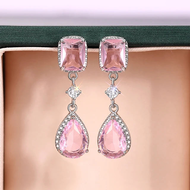 Luxury Pink/Yellow Cubic Zircon Dangle Earrings for Women Elegant Temperament Female Earrings Wedding Engagement Jewelry