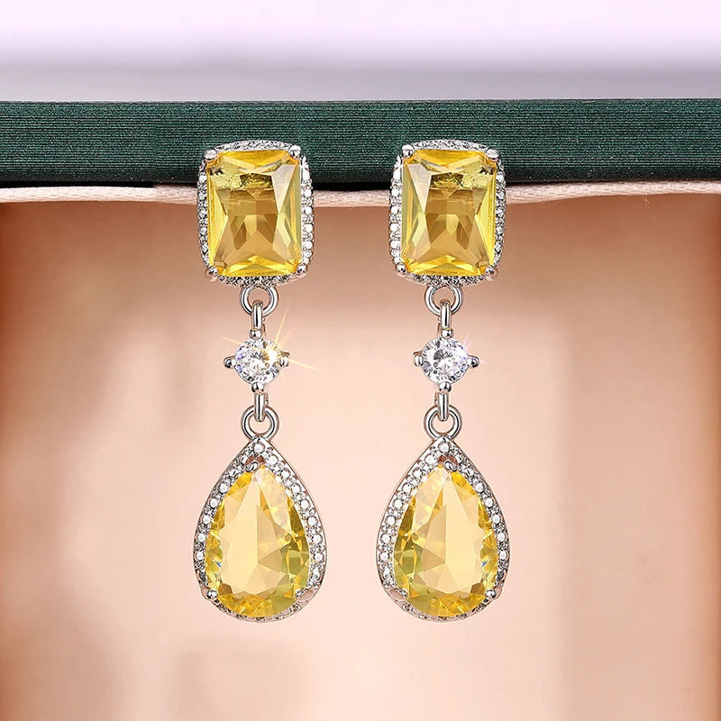 Luxury Pink/Yellow Cubic Zircon Dangle Earrings for Women Elegant Temperament Female Earrings Wedding Engagement Jewelry