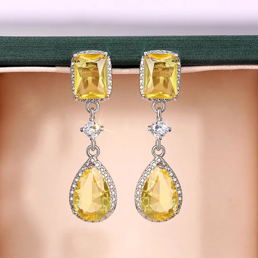 Luxury Pink/Yellow Cubic Zircon Dangle Earrings for Women Elegant Temperament Female Earrings Wedding Engagement Jewelry