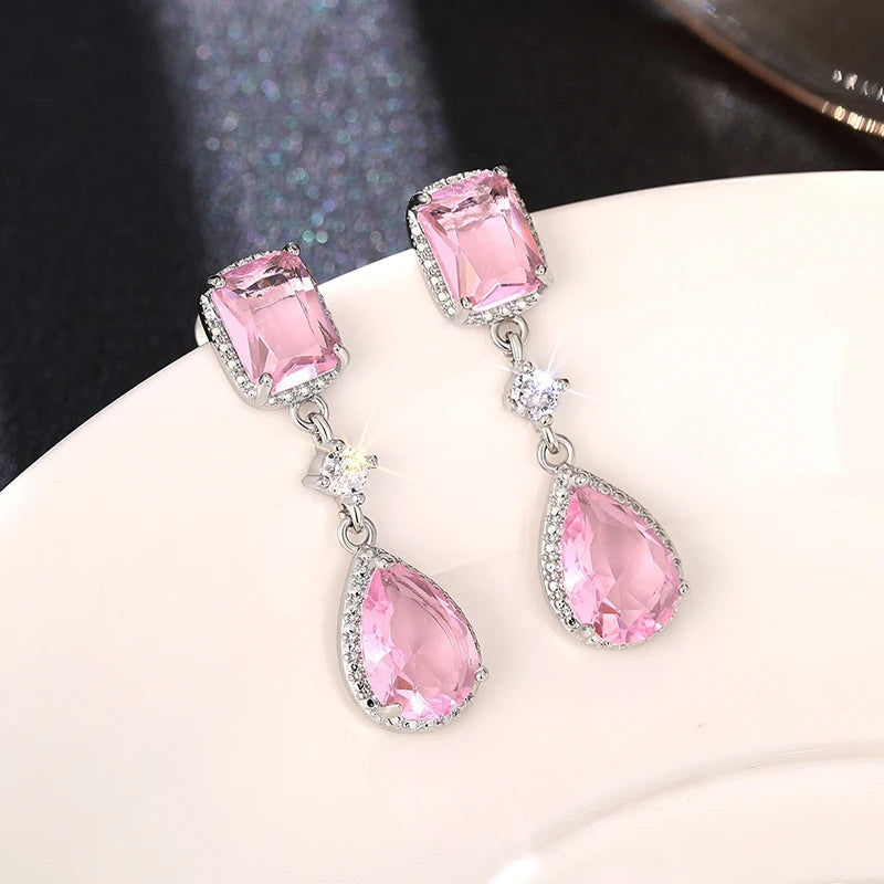 Luxury Pink/Yellow Cubic Zircon Dangle Earrings for Women Elegant Temperament Female Earrings Wedding Engagement Jewelry