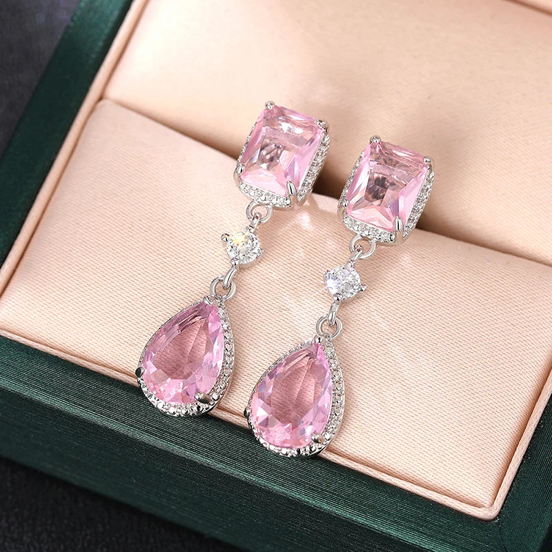 Luxury Pink/Yellow Cubic Zircon Dangle Earrings for Women Elegant Temperament Female Earrings Wedding Engagement Jewelry