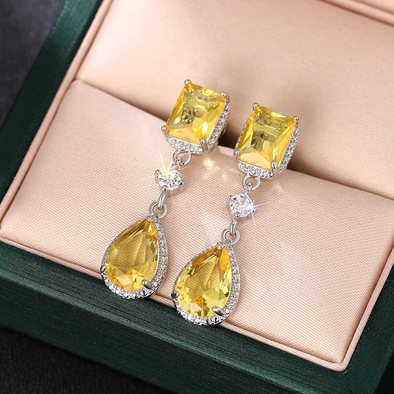 Luxury Pink/Yellow Cubic Zircon Dangle Earrings for Women Elegant Temperament Female Earrings Wedding Engagement Jewelry