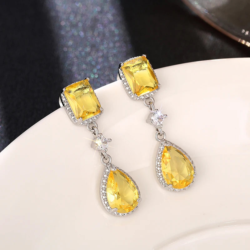 Luxury Pink/Yellow Cubic Zircon Dangle Earrings for Women Elegant Temperament Female Earrings Wedding Engagement Jewelry