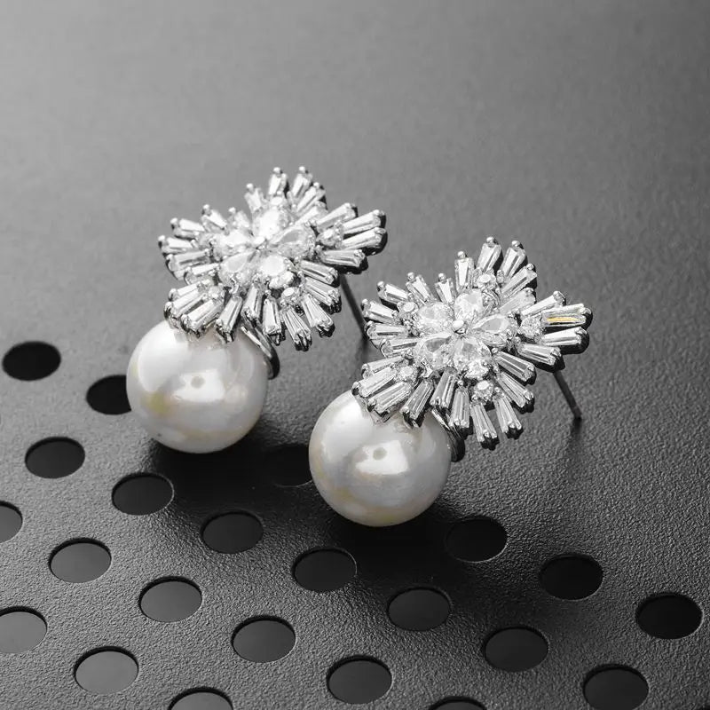 Luxury Flower Design Imitation Pearl Earrings For Women Cubic Zircon Drop Earrings Female Aesthetic Accessory Jewelry