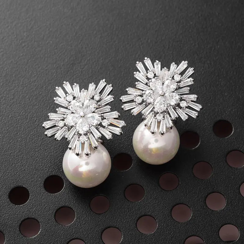 Luxury Flower Design Imitation Pearl Earrings For Women Cubic Zircon Drop Earrings Female Aesthetic Accessory Jewelry