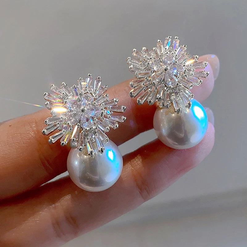 Luxury Flower Design Imitation Pearl Earrings For Women Cubic Zircon Drop Earrings Female Aesthetic Accessory Jewelry