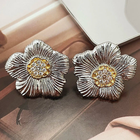 Hand Picked Flower Stud Earrings for Women Two Tone Cubic Zircon Metal Earrings Fashion Jewelry for Daily Wear Luxury Gifts for Girls