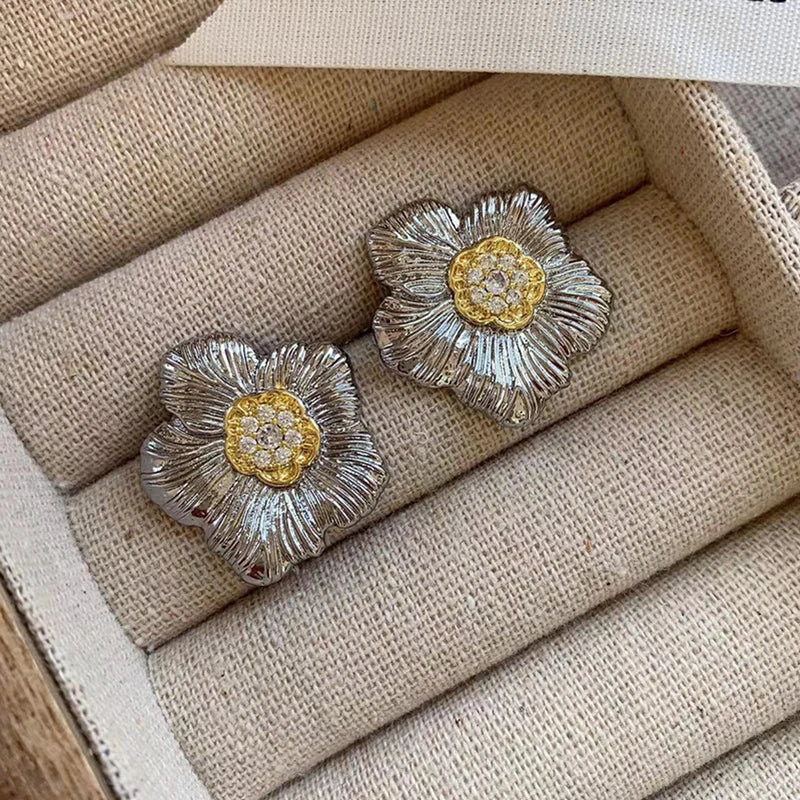 Hand Picked Flower Stud Earrings for Women Two Tone Cubic Zircon Metal Earrings Fashion Jewelry for Daily Wear Luxury Gifts for Girls