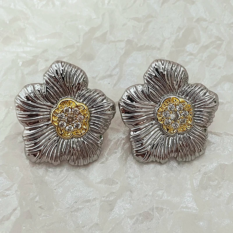 Hand Picked Flower Stud Earrings for Women Two Tone Cubic Zircon Metal Earrings Fashion Jewelry for Daily Wear Luxury Gifts for Girls