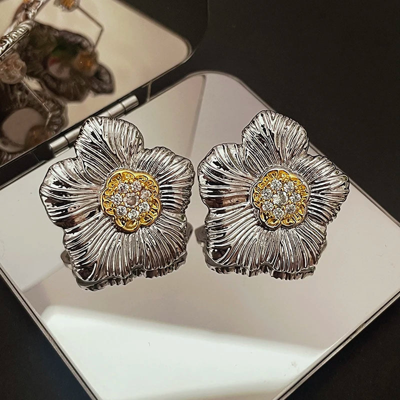 Hand Picked Flower Stud Earrings for Women Two Tone Cubic Zircon Metal Earrings Fashion Jewelry for Daily Wear Luxury Gifts for Girls