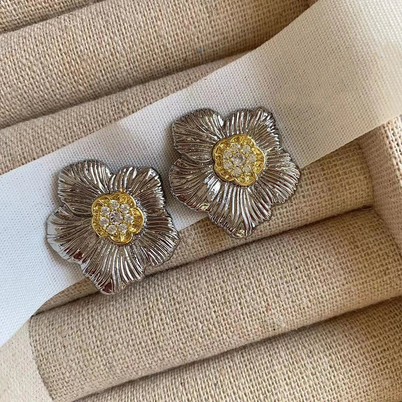 Hand Picked Flower Stud Earrings for Women Two Tone Cubic Zircon Metal Earrings Fashion Jewelry for Daily Wear Luxury Gifts for Girls