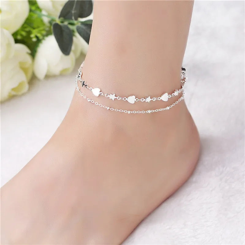 Elegance Two/Three Layers Chain Anklet for Women Elegant Temperament Silver Color Sandal Bracelet Barefoot Jewelry