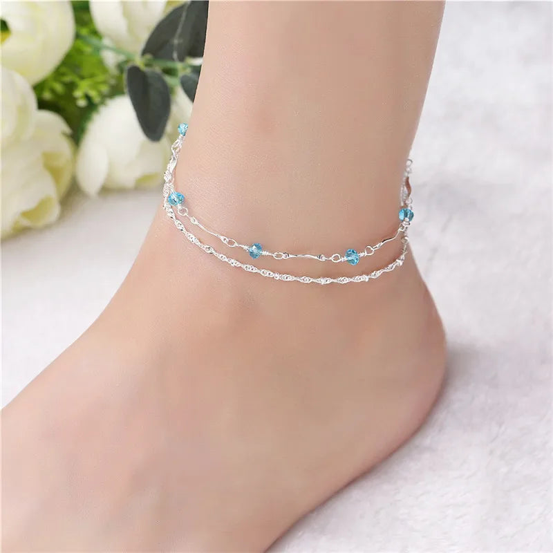 Elegance Two/Three Layers Chain Anklet for Women Elegant Temperament Silver Color Sandal Bracelet Barefoot Jewelry