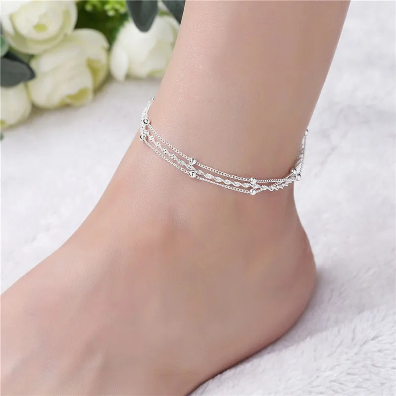 Elegance Two/Three Layers Chain Anklet for Women Elegant Temperament Silver Color Sandal Bracelet Barefoot Jewelry