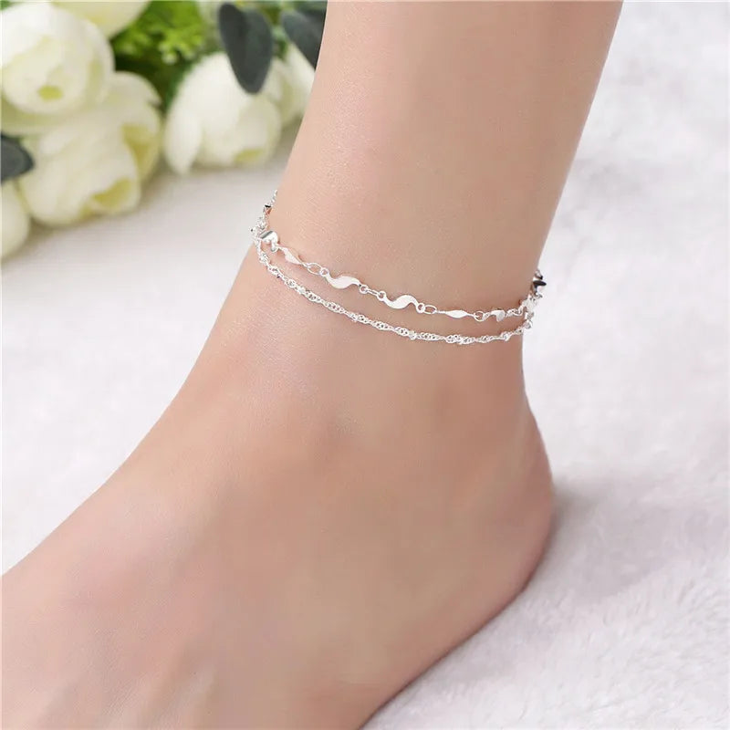 Elegance Two/Three Layers Chain Anklet for Women Elegant Temperament Silver Color Sandal Bracelet Barefoot Jewelry