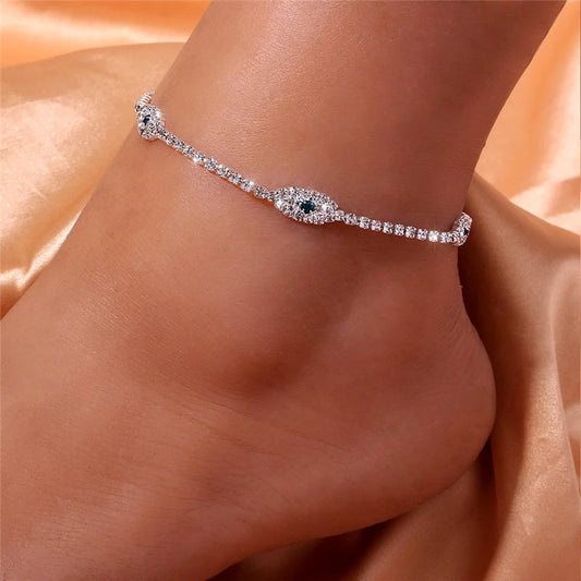 Elegant Personality Eyes Anklet Rhinestone Chain Bracelet Inlaid Luxury Green/White Barefoot Sandals Foot Jewelry Summer Fashion