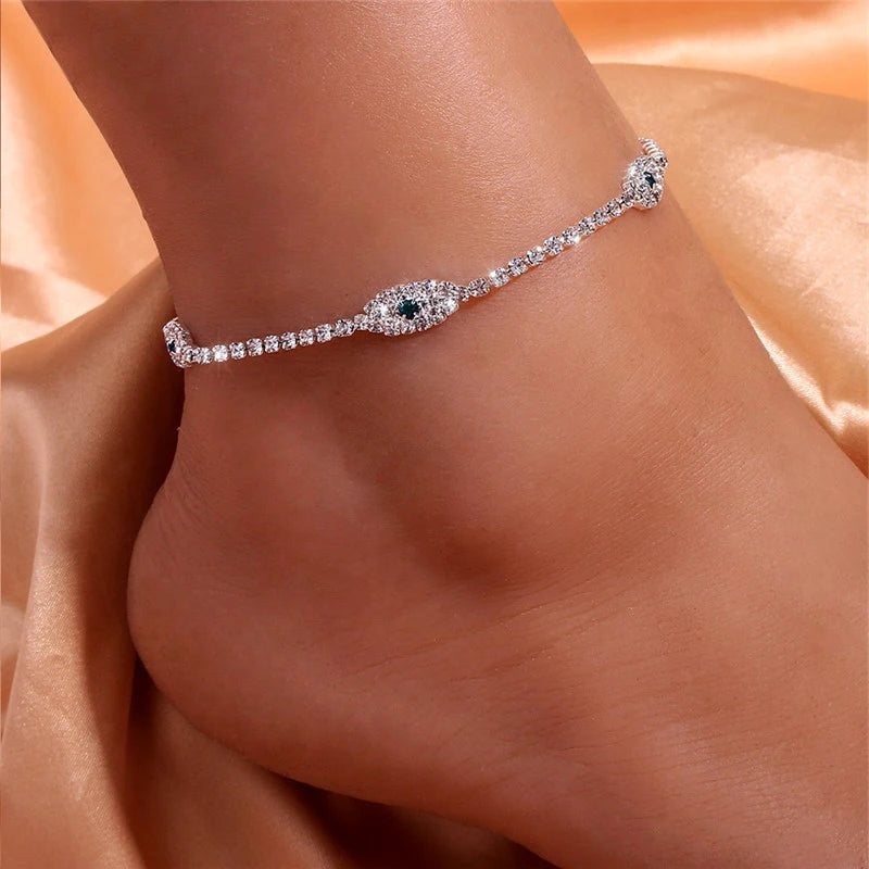 Elegant Personality Eyes Anklet Rhinestone Chain Bracelet Inlaid Luxury Green/White Barefoot Sandals Foot Jewelry Summer Fashion