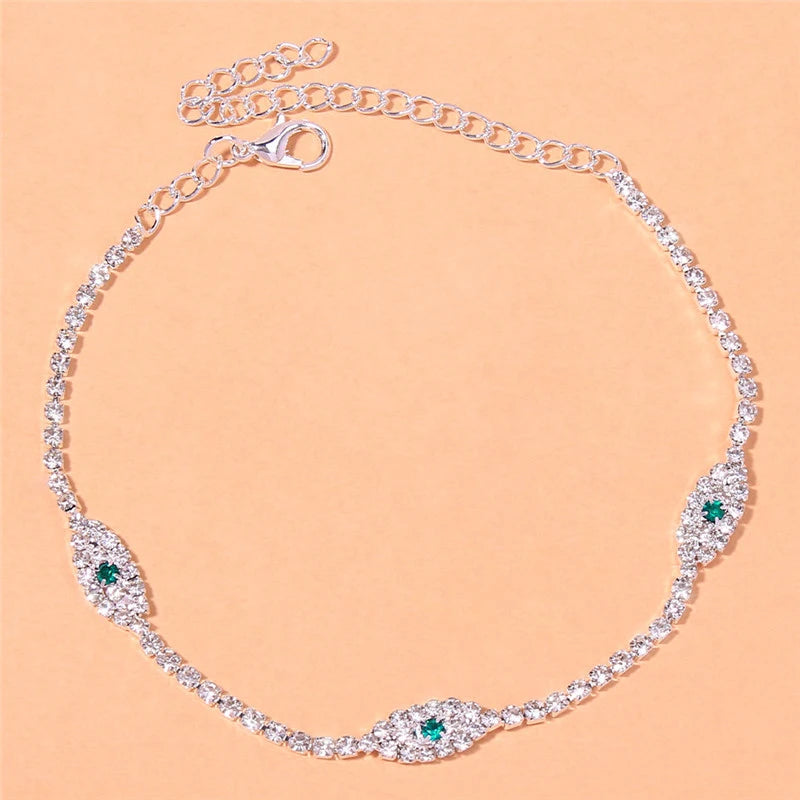 Elegant Personality Eyes Anklet Rhinestone Chain Bracelet Inlaid Luxury Green/White Barefoot Sandals Foot Jewelry Summer Fashion