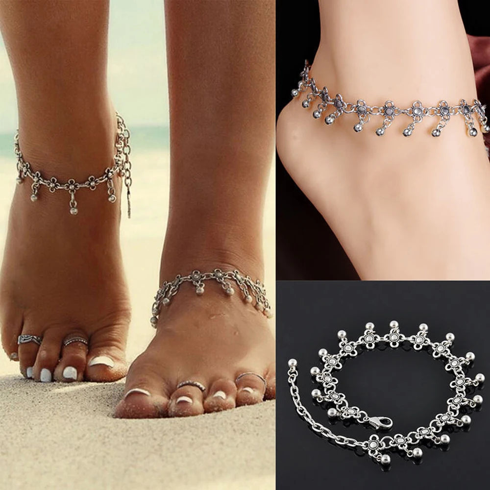 Elegant Flower Design Anklets for Women Simple Drop Ball Anklet Vintage Ethnic Style Elegant Jewelry Beach Wear