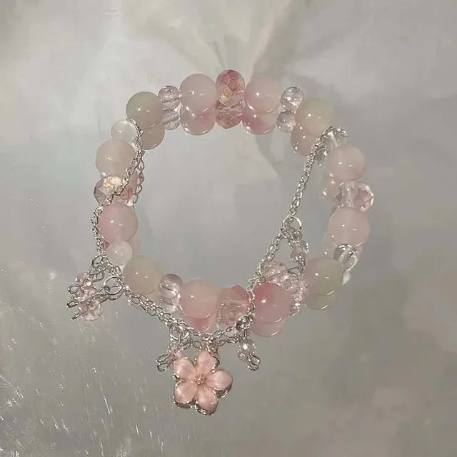 Korean Pink Crystal Flowers Butterfly Pendant Beaded Braclet