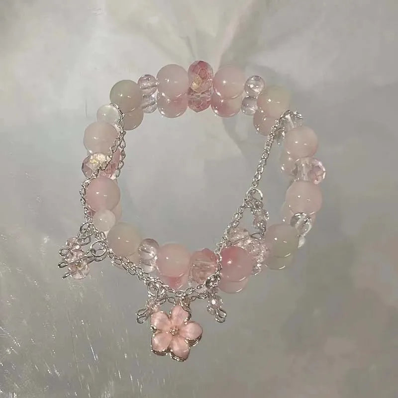 Korean Pink Crystal Flowers Butterfly Pendant Beaded Braclet