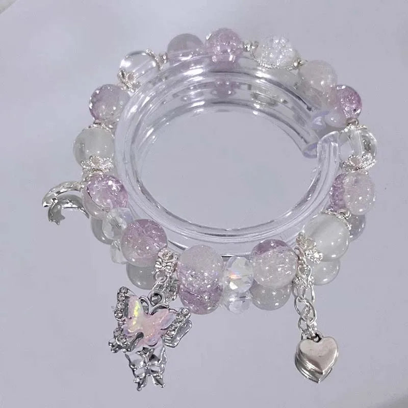 Korean Pink Crystal Flowers Butterfly Pendant Beaded Braclet