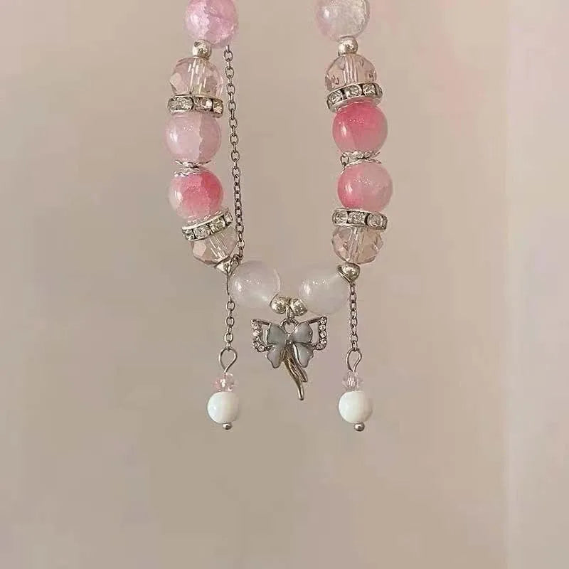 Korean Pink Crystal Flowers Butterfly Pendant Beaded Braclet