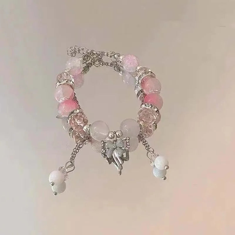 Korean Pink Crystal Flowers Butterfly Pendant Beaded Braclet