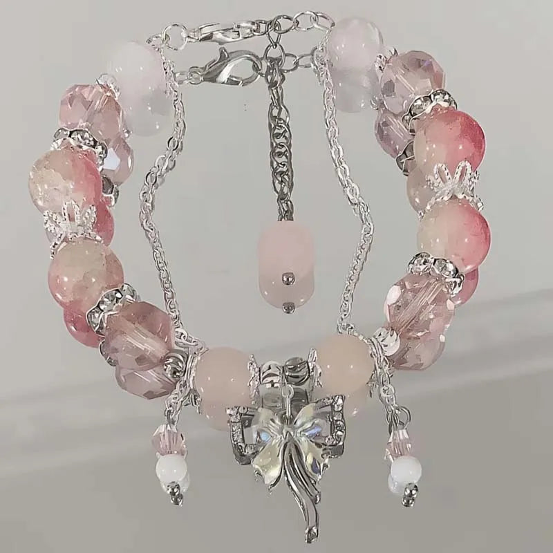 Korean Pink Crystal Flowers Butterfly Pendant Beaded Braclet