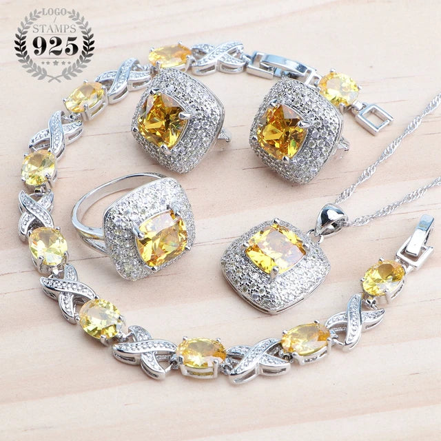 Olive Zircon 925 Silver Bridal Jewelry Sets Bracelets Rings Costume Jewelry Earrings Pendant Necklace For Women Wedding Set