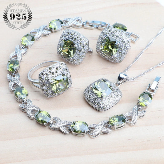 Olive Zircon 925 Silver Bridal Jewelry Sets Bracelets Rings Costume Jewelry Earrings Pendant Necklace For Women Wedding Set