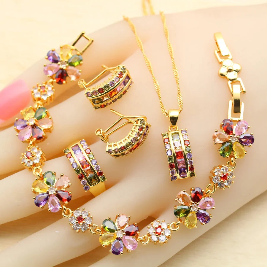 Square Multicolor Zirconia Gold Plated Jewelry Set