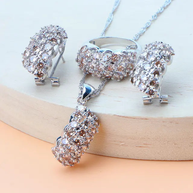 Silver Jewelry Sets Champagne Zircon Stones Earrings Bracelets Rings Pendant Necklace Set Jewelry